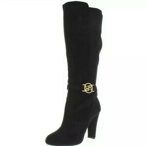 NWOTB - BEBE BARYA Black Suede Knee High Boots with Gold-tone Logo Size 10